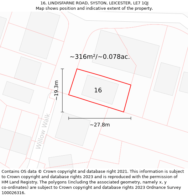 16, LINDISFARNE ROAD, SYSTON, LEICESTER, LE7 1QJ: Plot and title map