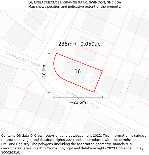 16, LINEACRE CLOSE, GRANGE PARK, SWINDON, SN5 6DA: Plot and title map