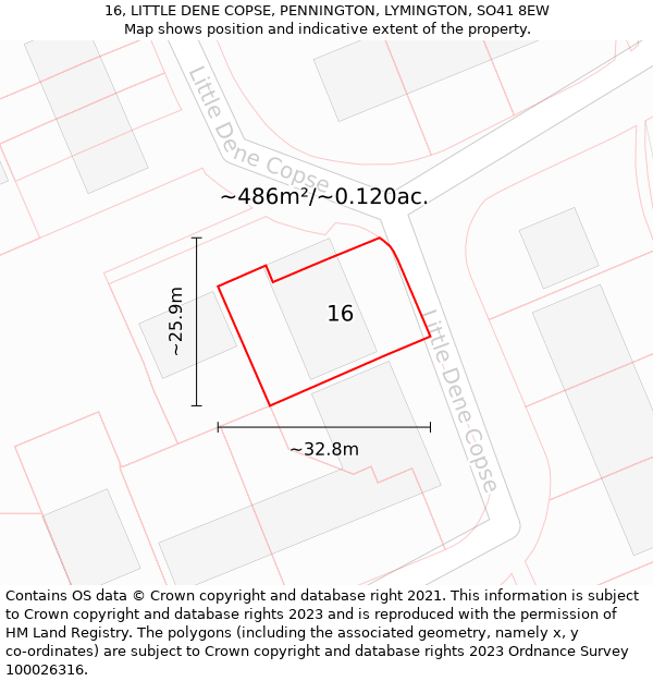 16, LITTLE DENE COPSE, PENNINGTON, LYMINGTON, SO41 8EW: Plot and title map