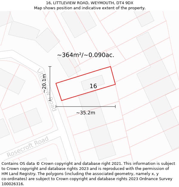 16, LITTLEVIEW ROAD, WEYMOUTH, DT4 9DX: Plot and title map