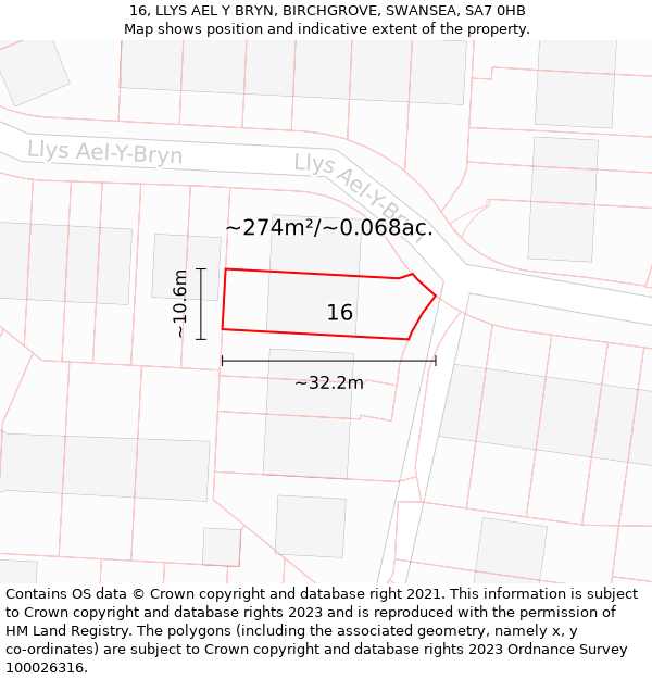 16, LLYS AEL Y BRYN, BIRCHGROVE, SWANSEA, SA7 0HB: Plot and title map