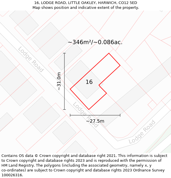 16, LODGE ROAD, LITTLE OAKLEY, HARWICH, CO12 5ED: Plot and title map