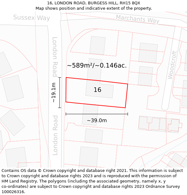 16, LONDON ROAD, BURGESS HILL, RH15 8QX: Plot and title map