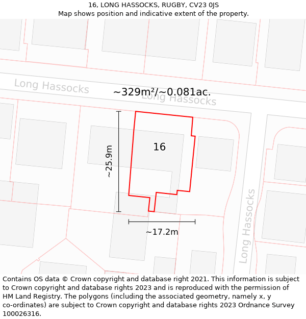 16, LONG HASSOCKS, RUGBY, CV23 0JS: Plot and title map