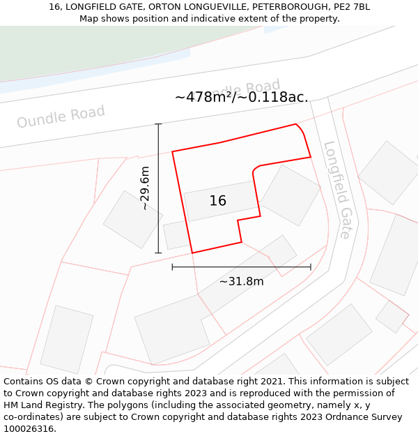 16, LONGFIELD GATE, ORTON LONGUEVILLE, PETERBOROUGH, PE2 7BL: Plot and title map