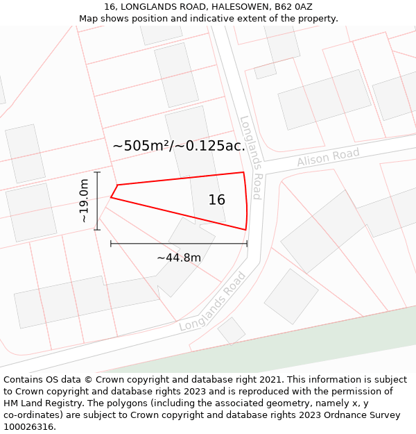 16, LONGLANDS ROAD, HALESOWEN, B62 0AZ: Plot and title map