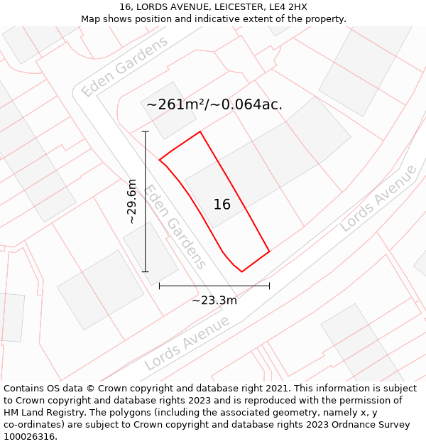 16, LORDS AVENUE, LEICESTER, LE4 2HX: Plot and title map