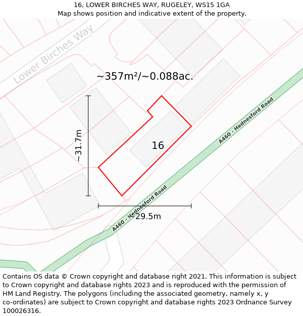 16, LOWER BIRCHES WAY, RUGELEY, WS15 1GA: Plot and title map