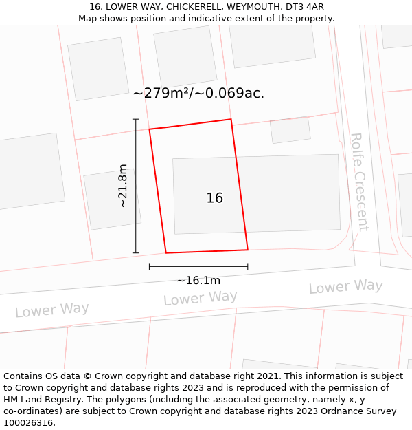 16, LOWER WAY, CHICKERELL, WEYMOUTH, DT3 4AR: Plot and title map