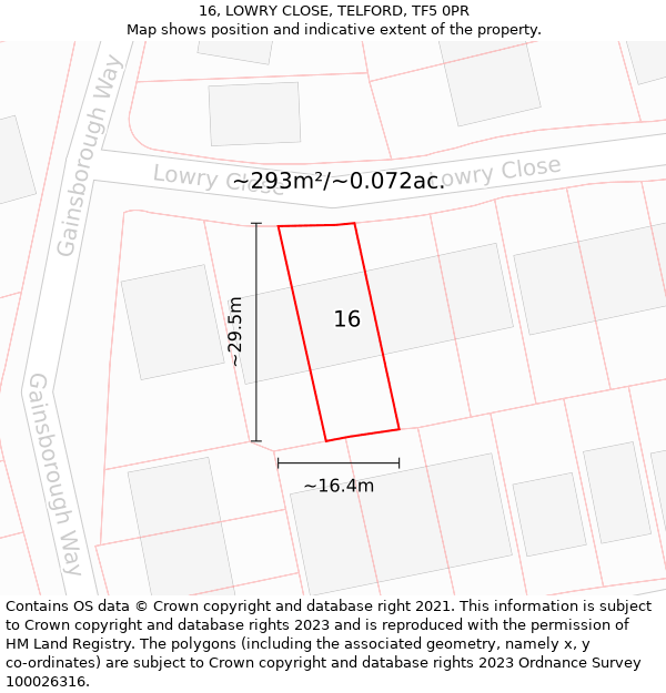 16, LOWRY CLOSE, TELFORD, TF5 0PR: Plot and title map