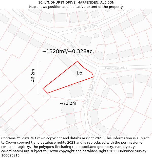 16, LYNDHURST DRIVE, HARPENDEN, AL5 5QN: Plot and title map