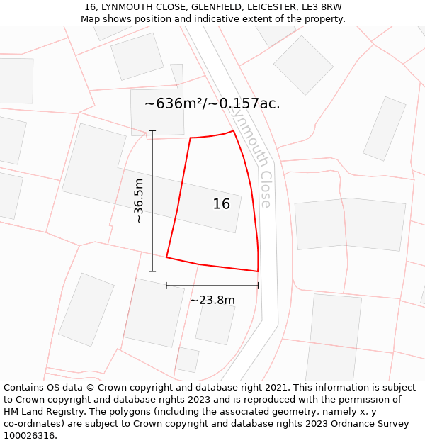 16, LYNMOUTH CLOSE, GLENFIELD, LEICESTER, LE3 8RW: Plot and title map