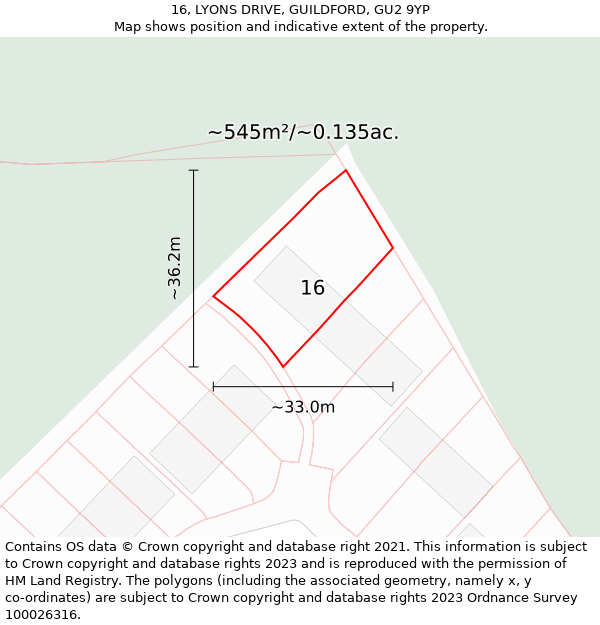 16, LYONS DRIVE, GUILDFORD, GU2 9YP: Plot and title map