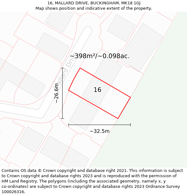 16, MALLARD DRIVE, BUCKINGHAM, MK18 1GJ: Plot and title map