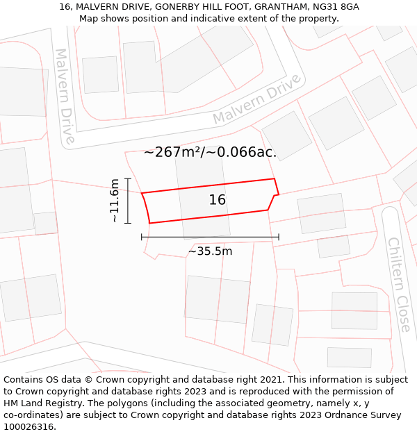 16, MALVERN DRIVE, GONERBY HILL FOOT, GRANTHAM, NG31 8GA: Plot and title map