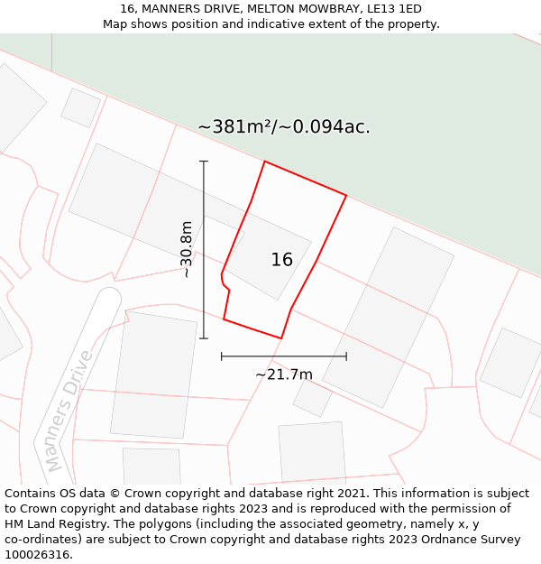 16, MANNERS DRIVE, MELTON MOWBRAY, LE13 1ED: Plot and title map