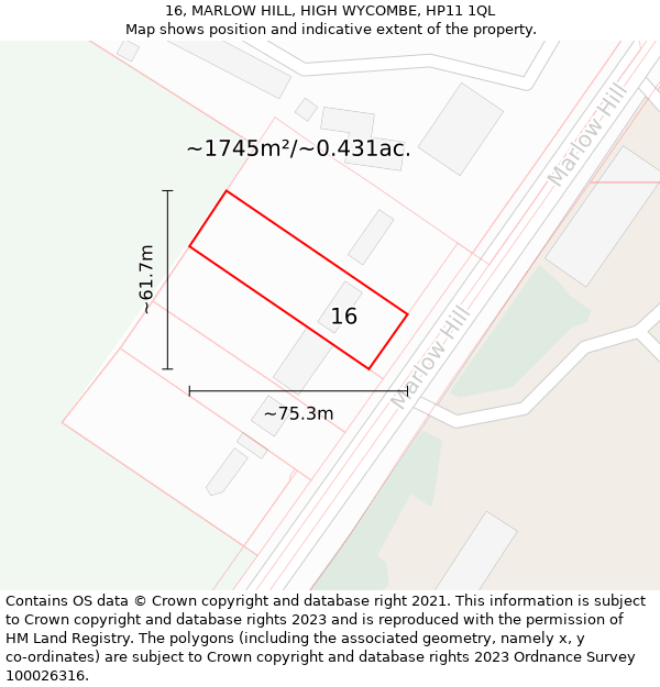 16, MARLOW HILL, HIGH WYCOMBE, HP11 1QL: Plot and title map