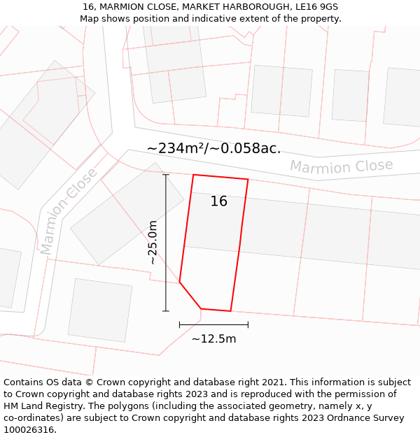 16, MARMION CLOSE, MARKET HARBOROUGH, LE16 9GS: Plot and title map