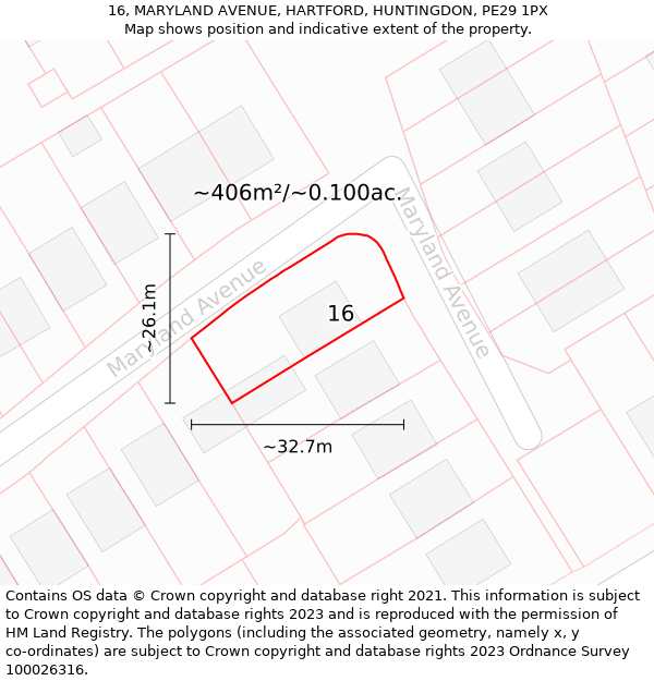 16, MARYLAND AVENUE, HARTFORD, HUNTINGDON, PE29 1PX: Plot and title map