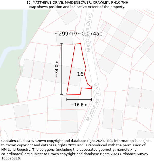 16, MATTHEWS DRIVE, MAIDENBOWER, CRAWLEY, RH10 7HH: Plot and title map