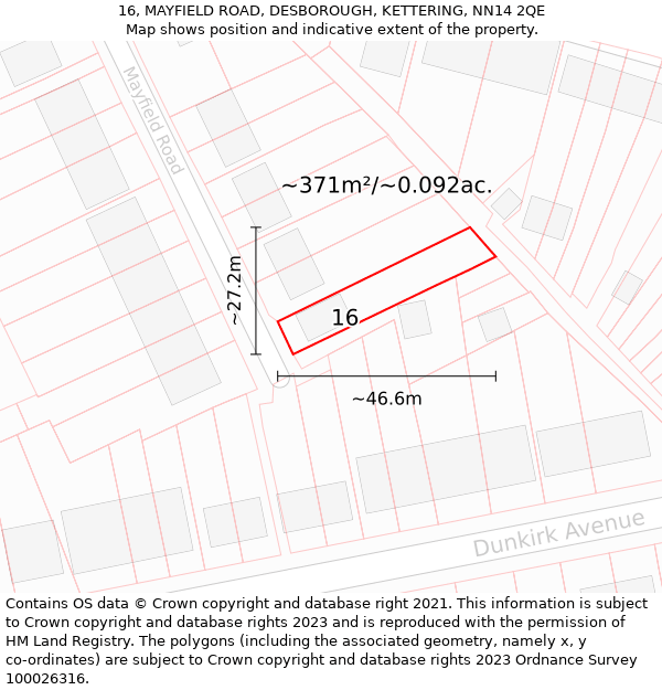 16, MAYFIELD ROAD, DESBOROUGH, KETTERING, NN14 2QE: Plot and title map