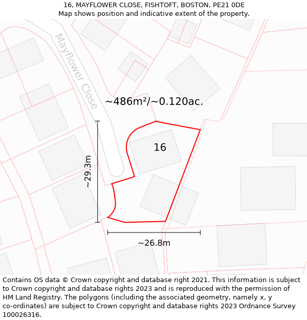 16, MAYFLOWER CLOSE, FISHTOFT, BOSTON, PE21 0DE: Plot and title map