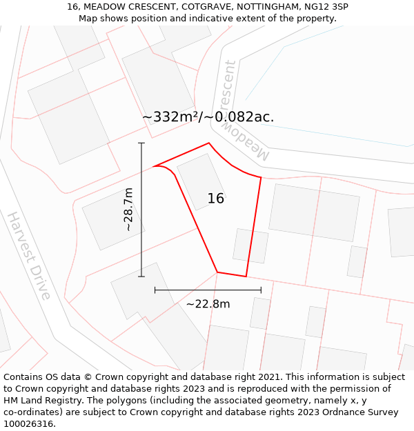 16, MEADOW CRESCENT, COTGRAVE, NOTTINGHAM, NG12 3SP: Plot and title map