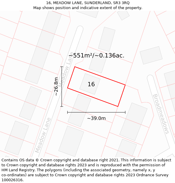 16, MEADOW LANE, SUNDERLAND, SR3 3RQ: Plot and title map