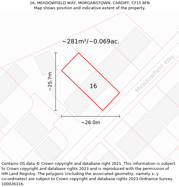 16, MEADOWFIELD WAY, MORGANSTOWN, CARDIFF, CF15 8FN: Plot and title map