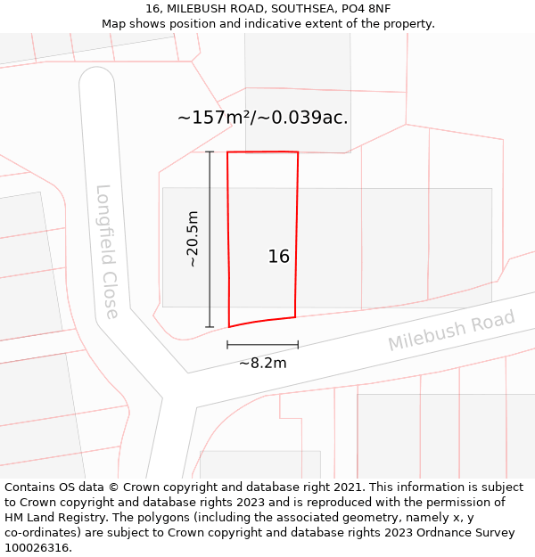 16, MILEBUSH ROAD, SOUTHSEA, PO4 8NF: Plot and title map