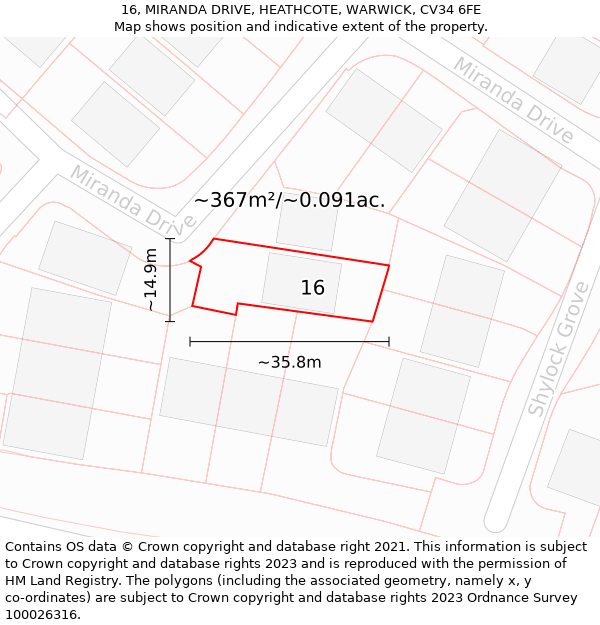 16, MIRANDA DRIVE, HEATHCOTE, WARWICK, CV34 6FE: Plot and title map