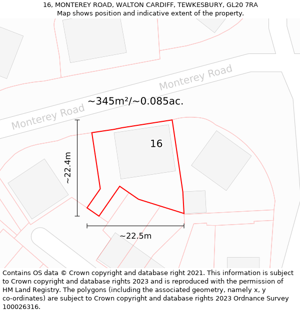 16, MONTEREY ROAD, WALTON CARDIFF, TEWKESBURY, GL20 7RA: Plot and title map