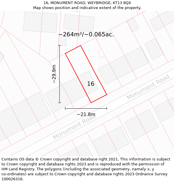 16, MONUMENT ROAD, WEYBRIDGE, KT13 8QX: Plot and title map