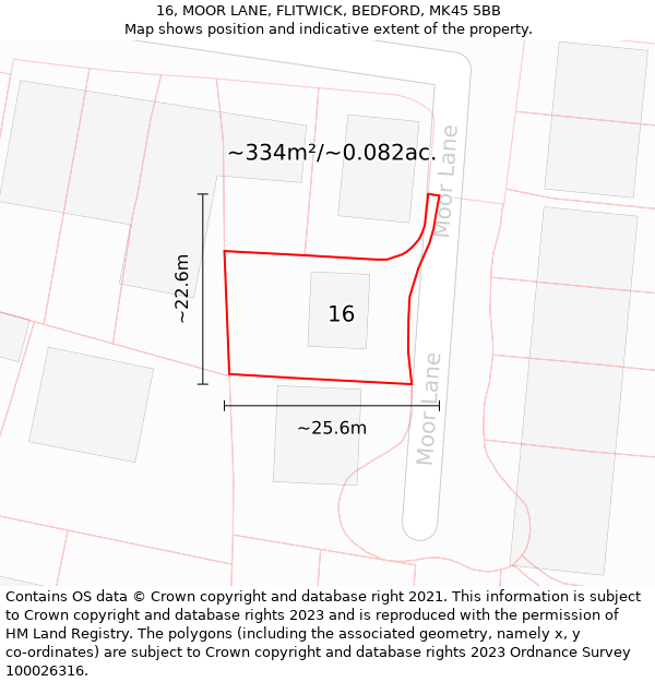 16, MOOR LANE, FLITWICK, BEDFORD, MK45 5BB: Plot and title map