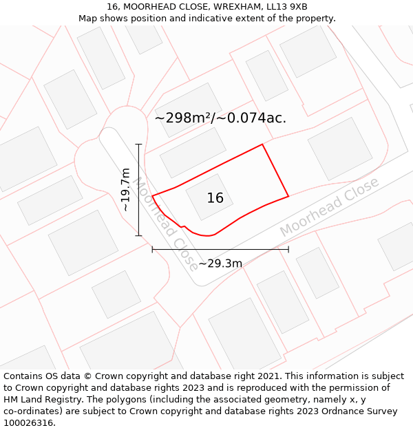 16, MOORHEAD CLOSE, WREXHAM, LL13 9XB: Plot and title map