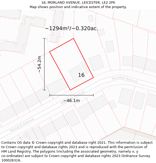 16, MORLAND AVENUE, LEICESTER, LE2 2PE: Plot and title map