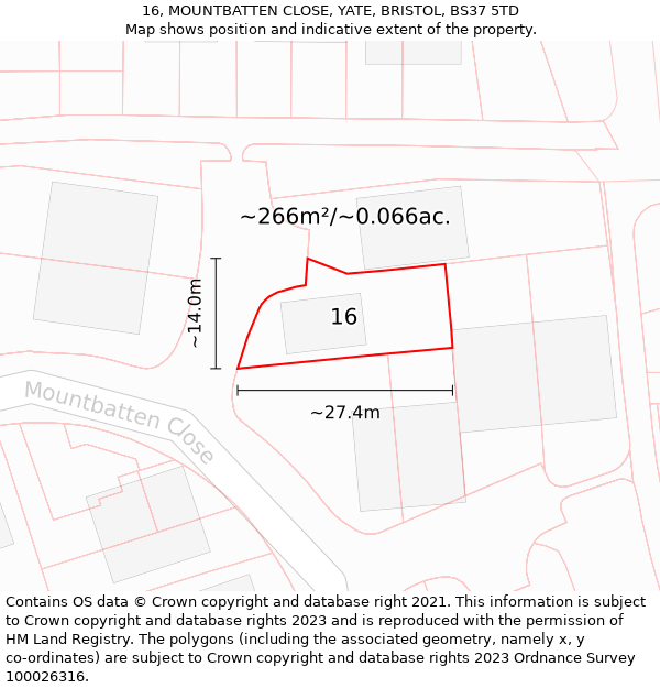 16, MOUNTBATTEN CLOSE, YATE, BRISTOL, BS37 5TD: Plot and title map