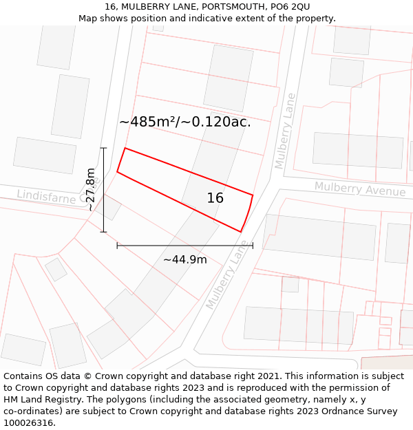 16, MULBERRY LANE, PORTSMOUTH, PO6 2QU: Plot and title map