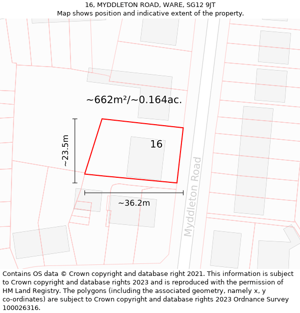 16, MYDDLETON ROAD, WARE, SG12 9JT: Plot and title map