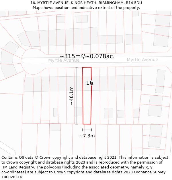 16, MYRTLE AVENUE, KINGS HEATH, BIRMINGHAM, B14 5DU: Plot and title map