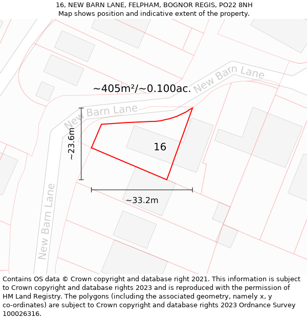 16, NEW BARN LANE, FELPHAM, BOGNOR REGIS, PO22 8NH: Plot and title map