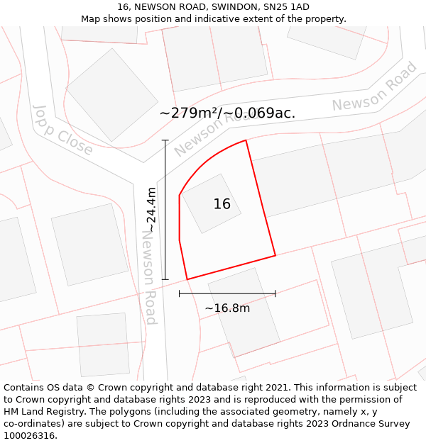16, NEWSON ROAD, SWINDON, SN25 1AD: Plot and title map
