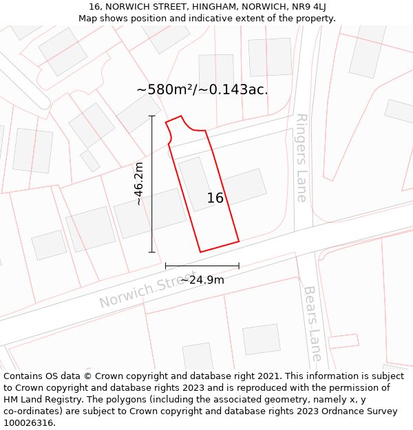 16, NORWICH STREET, HINGHAM, NORWICH, NR9 4LJ: Plot and title map