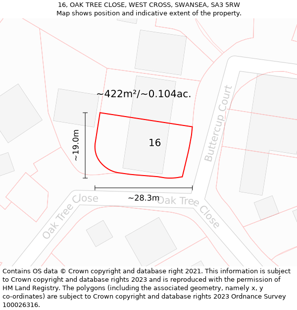16, OAK TREE CLOSE, WEST CROSS, SWANSEA, SA3 5RW: Plot and title map