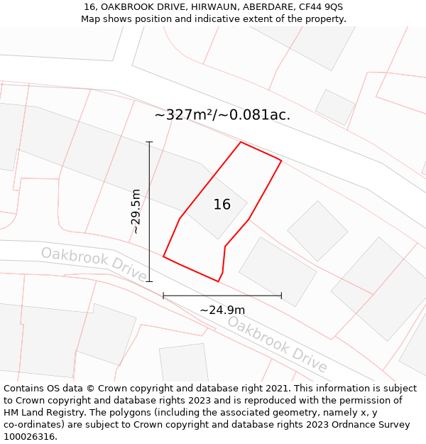 16, OAKBROOK DRIVE, HIRWAUN, ABERDARE, CF44 9QS: Plot and title map