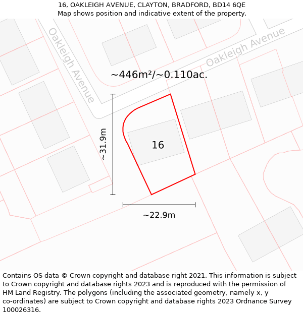 16, OAKLEIGH AVENUE, CLAYTON, BRADFORD, BD14 6QE: Plot and title map