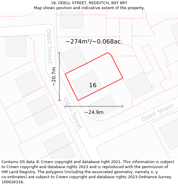 16, ODELL STREET, REDDITCH, B97 6RY: Plot and title map