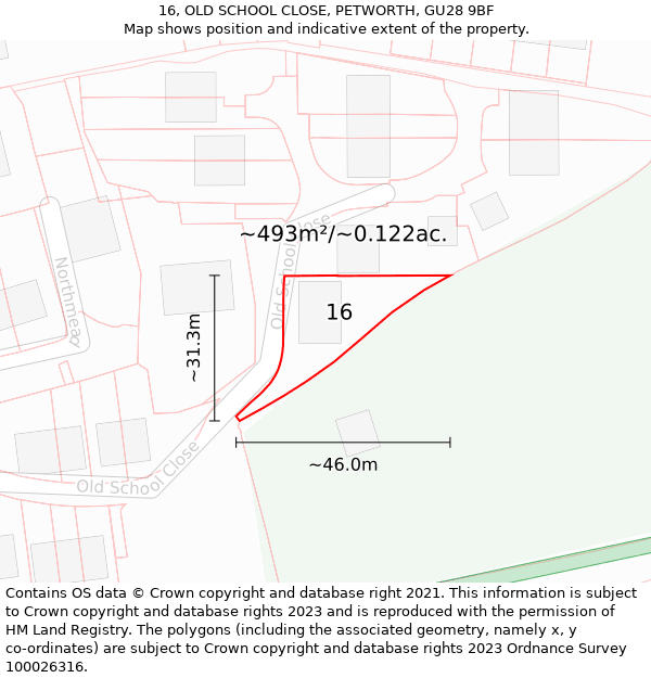 16, OLD SCHOOL CLOSE, PETWORTH, GU28 9BF: Plot and title map