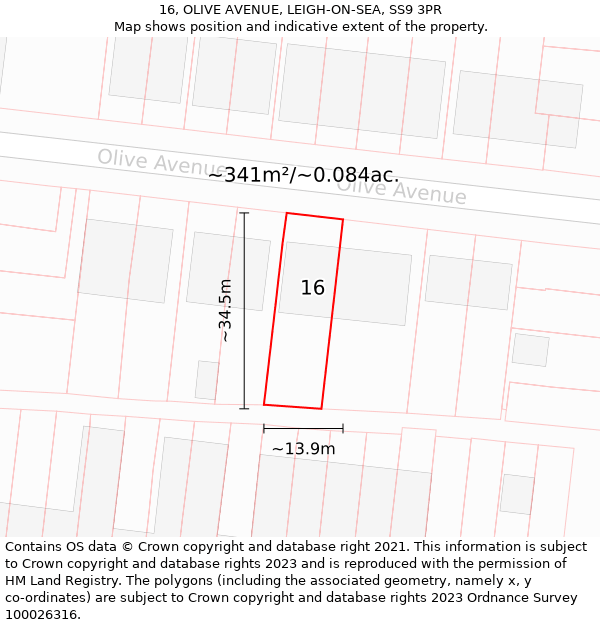 16, OLIVE AVENUE, LEIGH-ON-SEA, SS9 3PR: Plot and title map