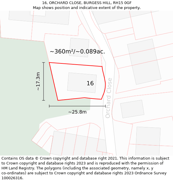 16, ORCHARD CLOSE, BURGESS HILL, RH15 0GF: Plot and title map